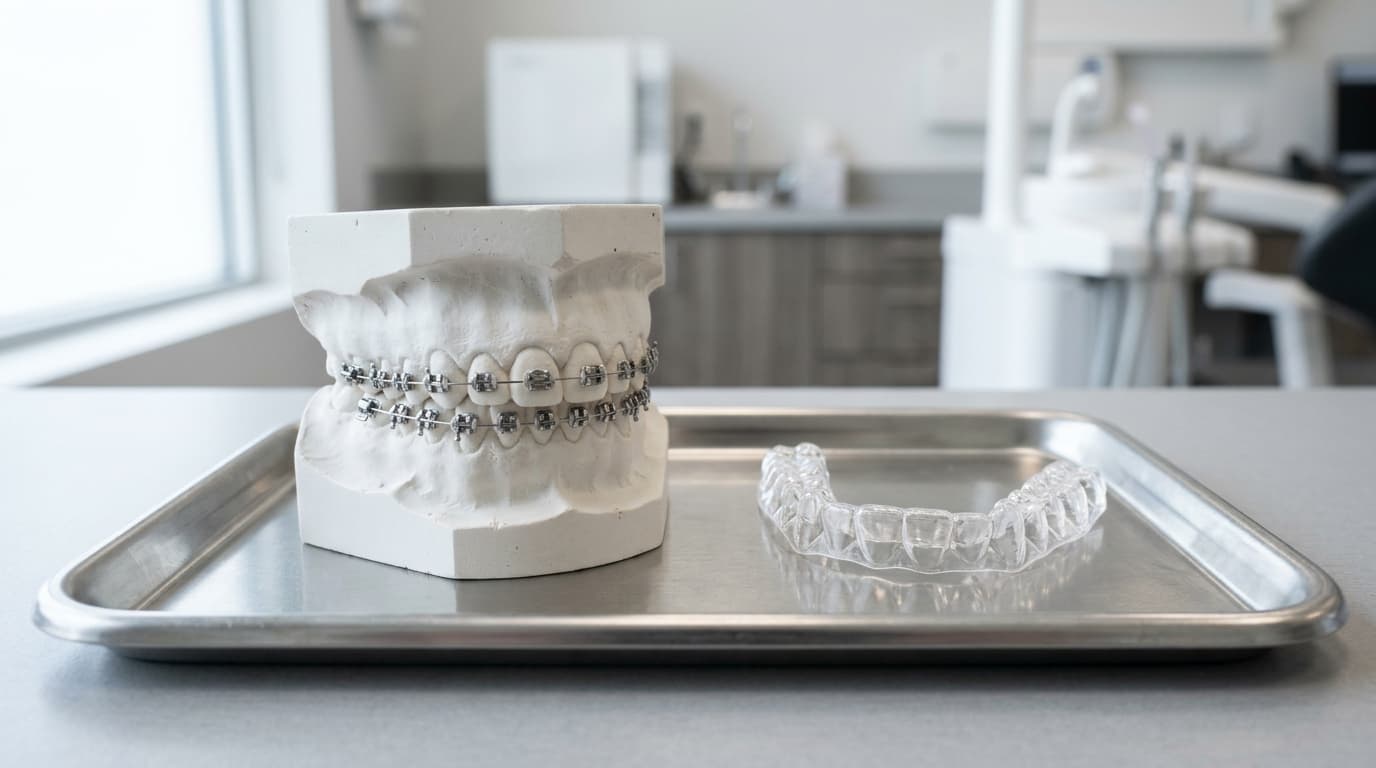 Plaster orthodontic model fitted with braces positioned beside a transparent clear aligner tray on a medical tray