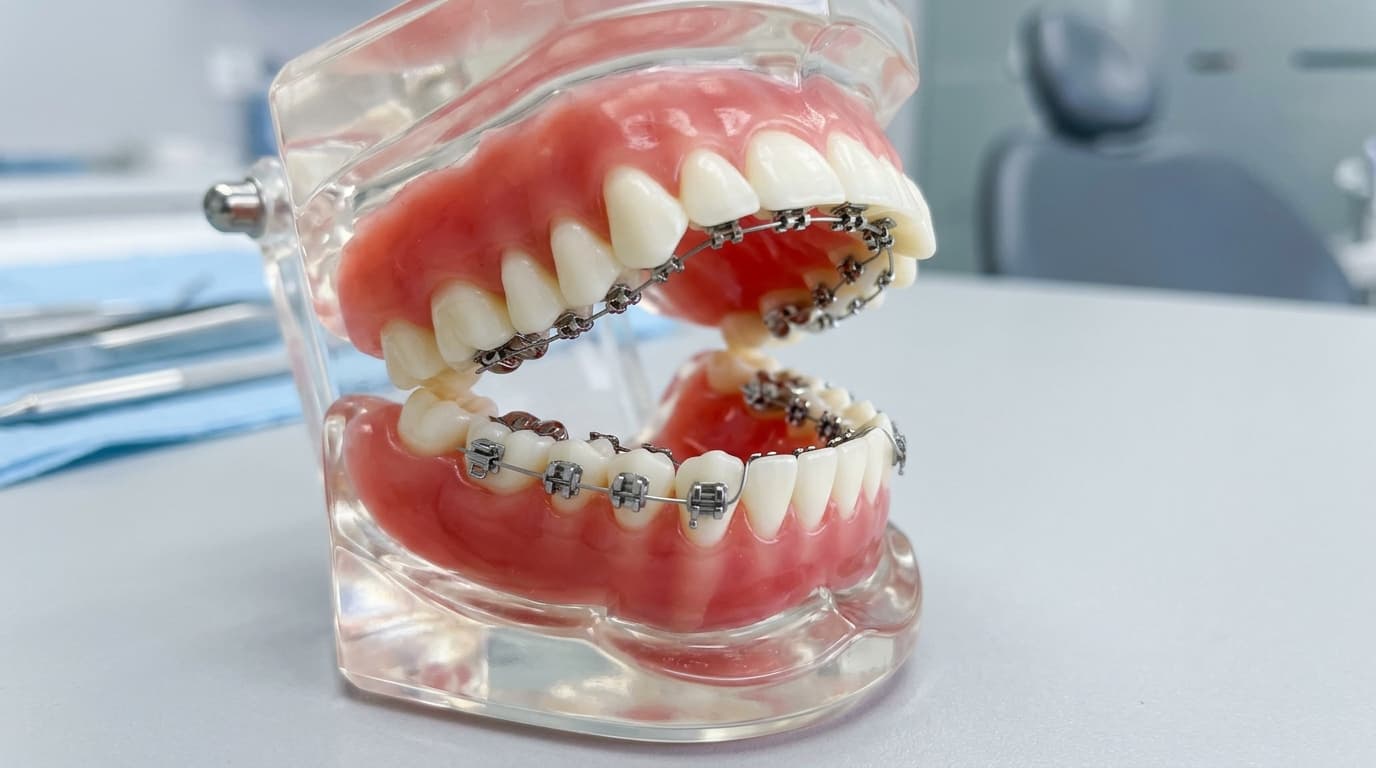 Orthodontic model demonstrating lingual braces bonded to the inner surface of the dental arch