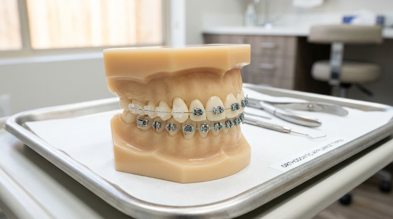 Educational dental model displaying traditional metal braces, clear ceramic brackets, and self-ligating orthodontic appliances